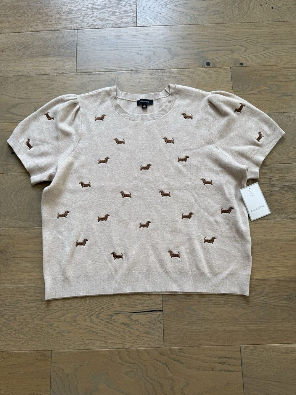 Anthropologie Calligraphie Beige Dachshund Dog Puff Short Sleeve Sweater 2X